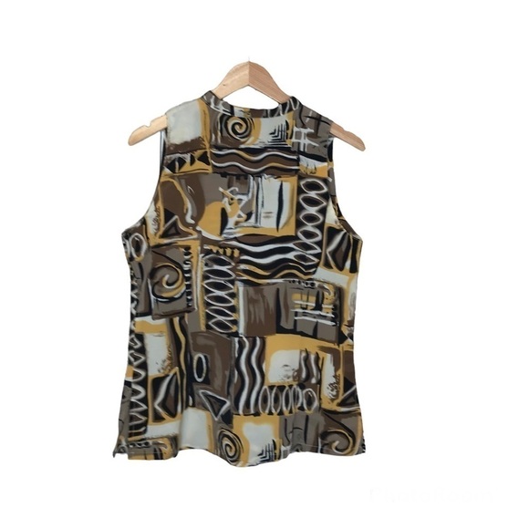 Kaleidoscope Sleeveless Blouse Womens Size M Brown Gold Tie‎ Neck Side Zipper - Picture 2 of 10